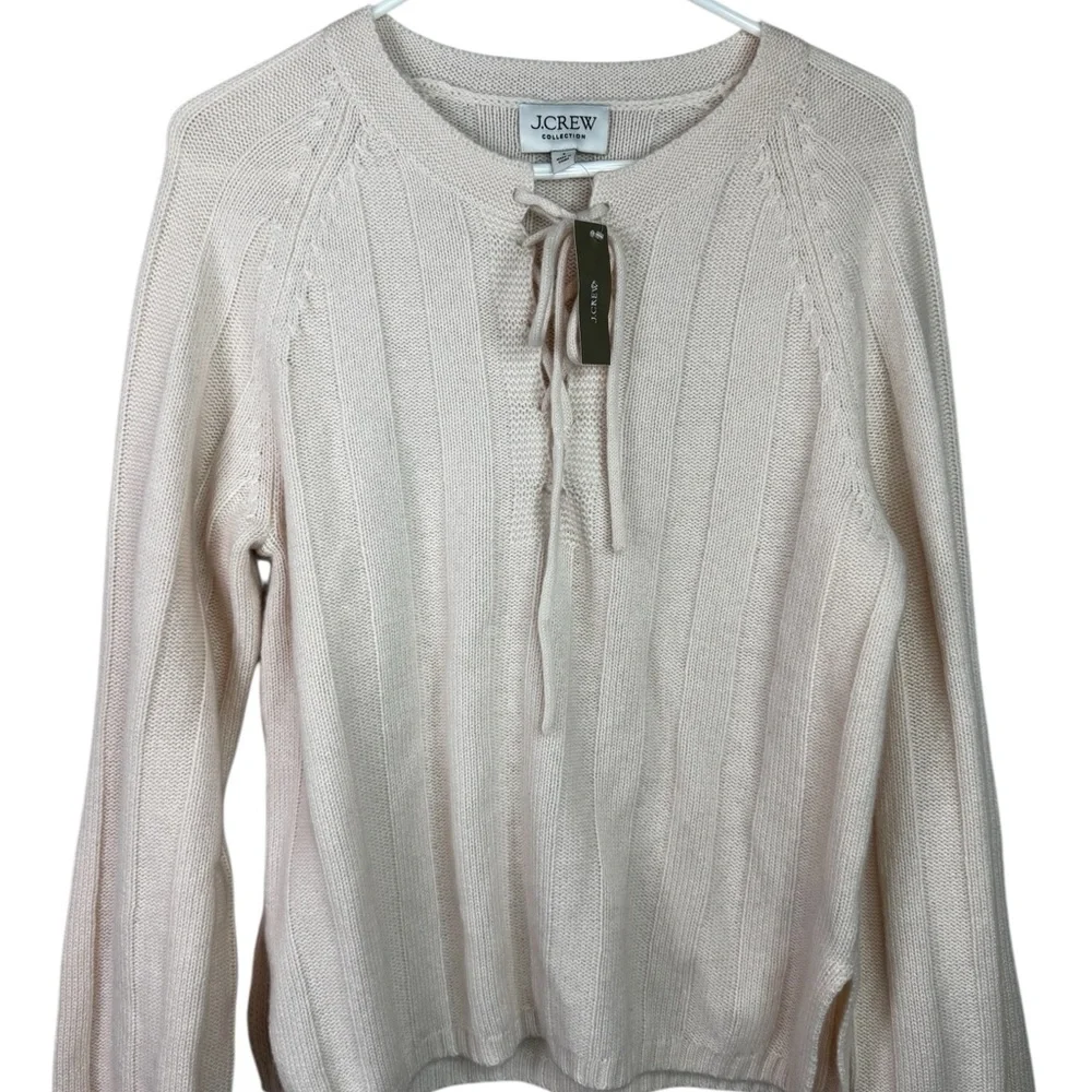 J. Crew Collection Lace Up Sweater 100% Cashmere Cream  Ribbed S NWT *flaw - Picture 3 of 14